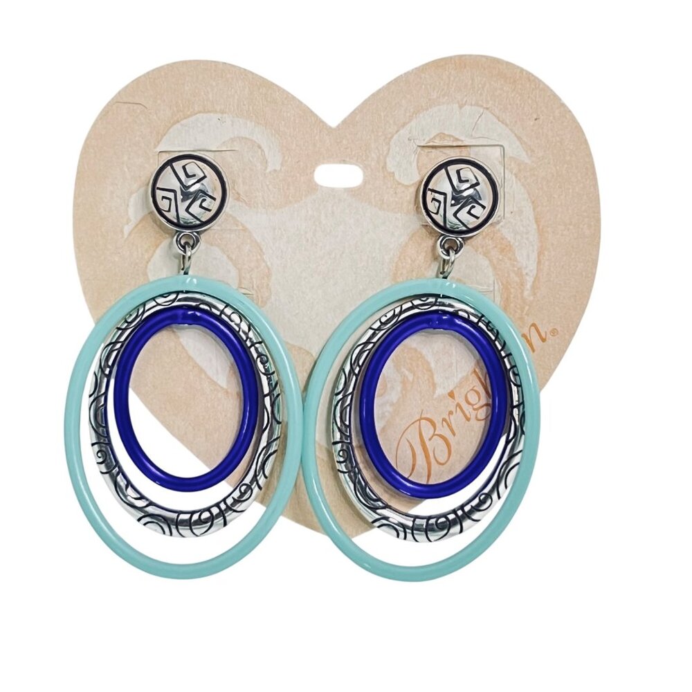 Brighton Chunky Silver Tone Aqua And Cobalt Blue Dangle Pierced Earrings (5990)